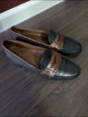ALLEN EDMONDS Rye, NY Black/Brown Mens Penny Loafers MiUSA Woven Leather 12D